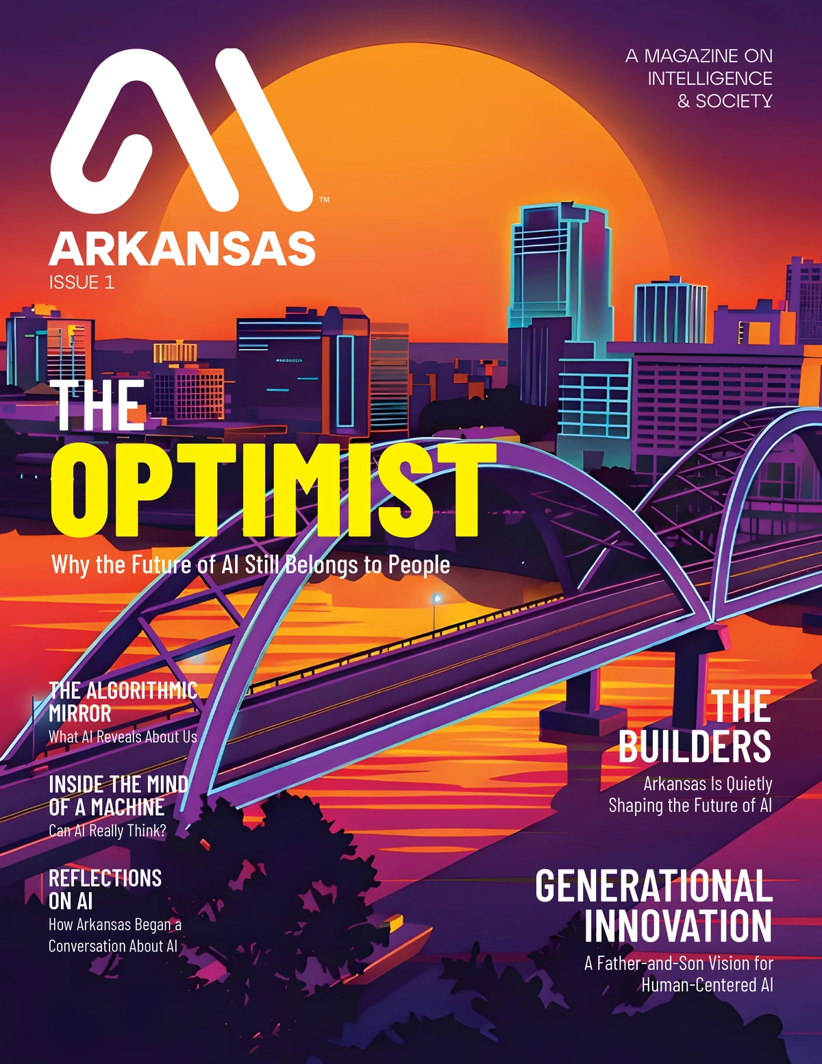 AI Arkansas Magazine Issue 1, The Optimist, with illustrated Little Rock skyline and bridge artwork