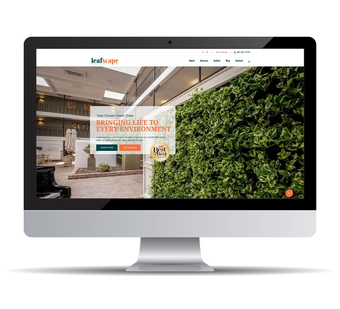 LeafScape's website design on a desktop display, featuring a living green wall