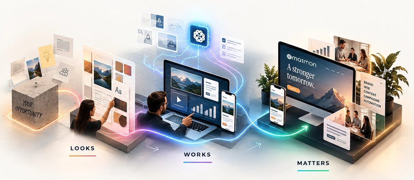 An illustrated Matmon workflow connecting an opportunity to human-led design, AI-assisted production, and coordinated websites, content, and campaigns.
