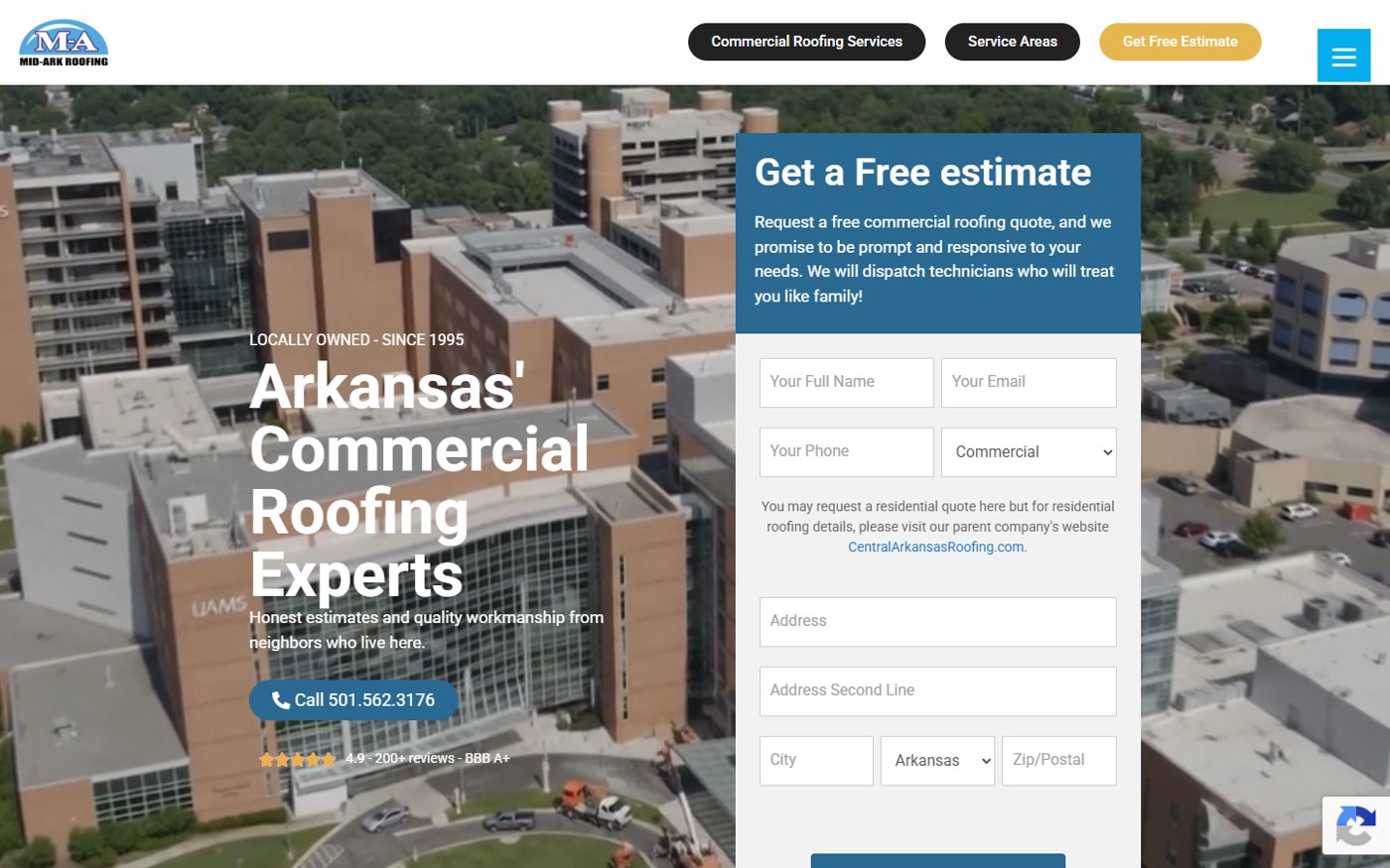 Mid-Ark’s website showing its commercial roofing introduction, UAMS project imagery, phone link, and estimate form side by side