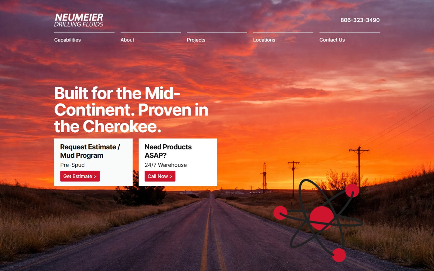 The neufluids.com homepage, with the headline Built for the Mid-Continent, Proven in the Cherokee, and side-by-side Request Estimate and Need Products ASAP panels