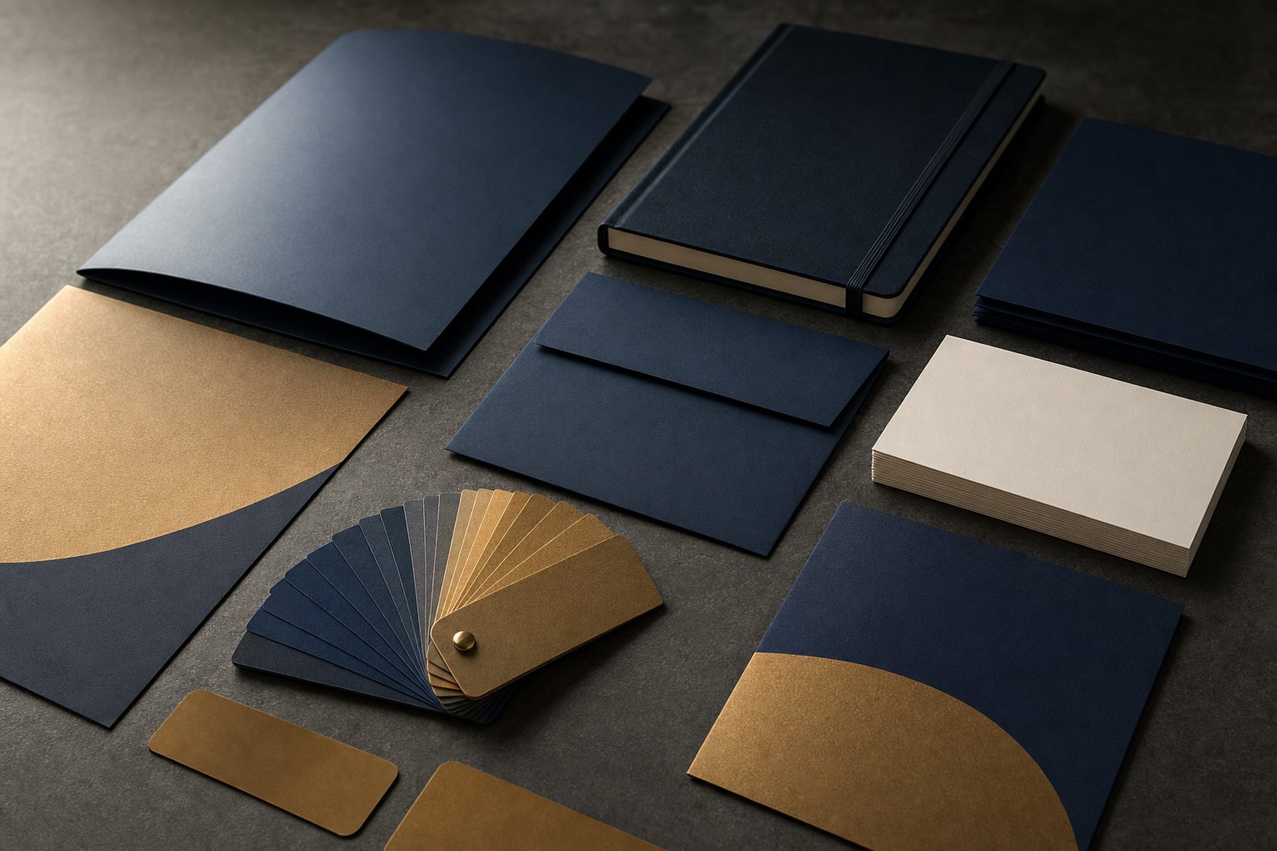 Unbranded print collateral, a card stack and a color swatch fan laid out on a dark table