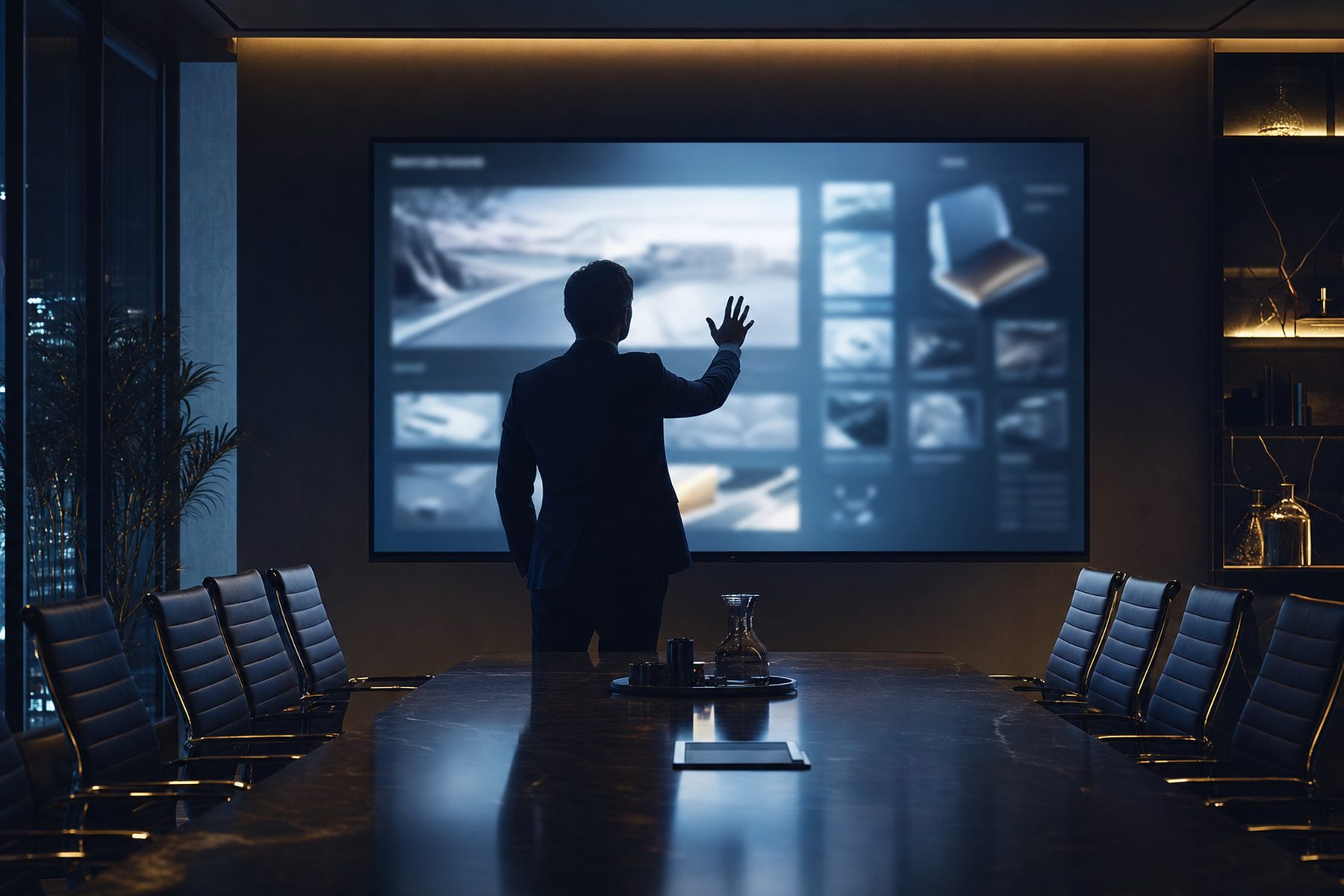 A dim boardroom where one person reaches toward a large screen holding an interactive product layout
