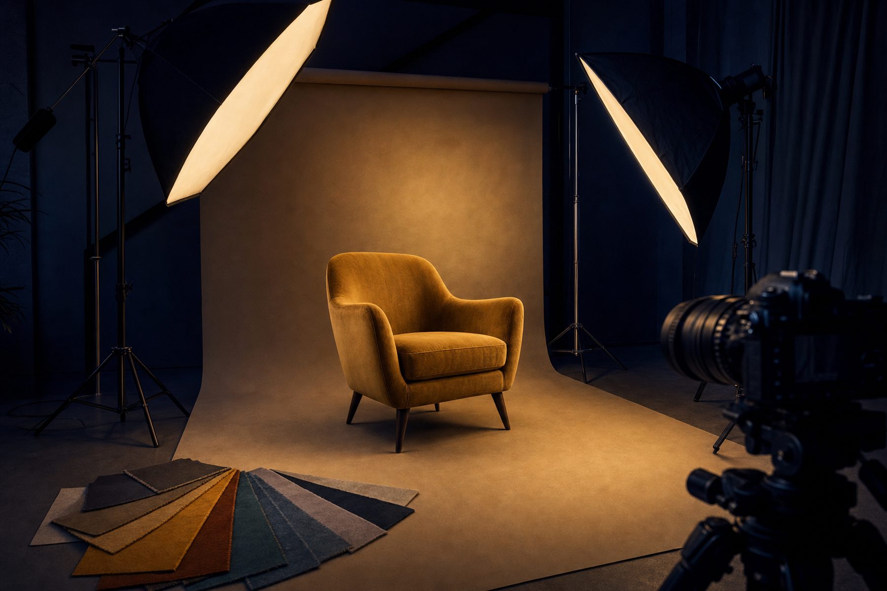 A product photography studio with a lounge chair lit on a sweep backdrop and fabric swatches on the floor