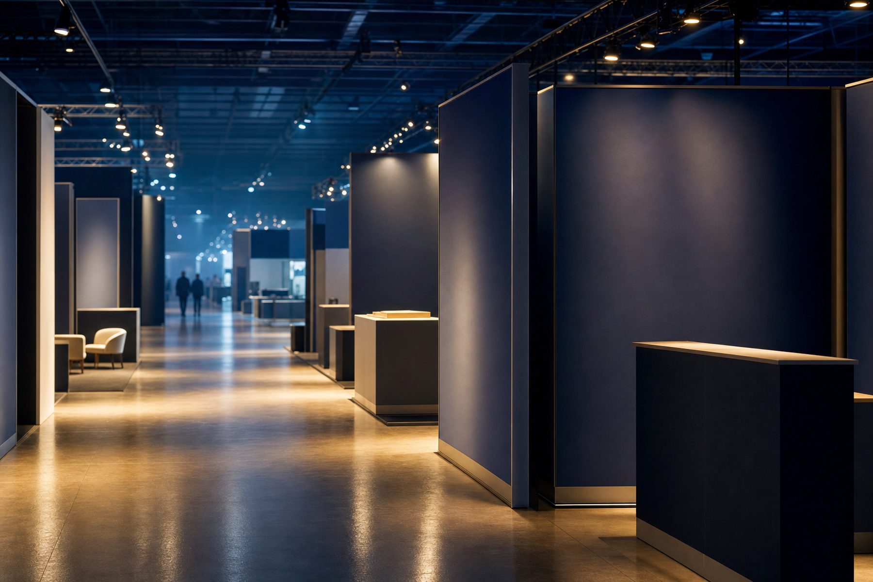 A wide exhibition hall aisle of unmarked exhibit stands lit before the show opens