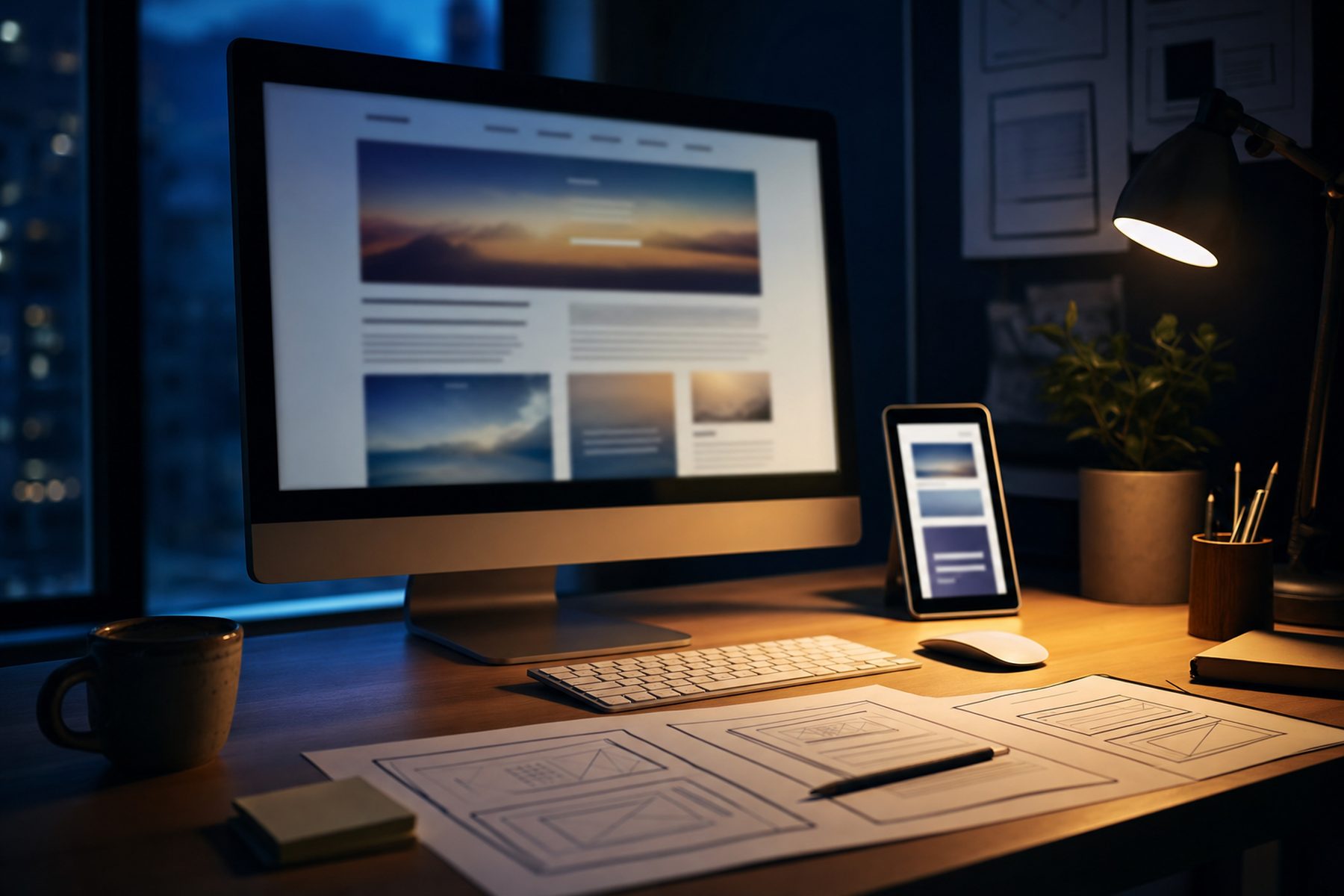 A desk at dusk with a website layout on the display, a phone layout beside it and wireframe sketches on paper