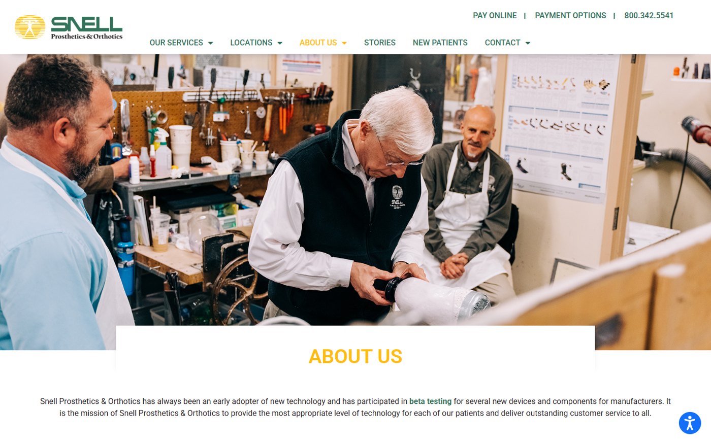 Screenshot of Snell’s About Us page featuring the team at work in its fabrication lab