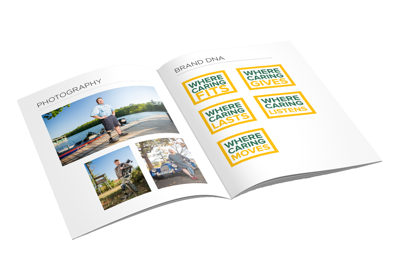 Snell brand book design showing patient photography and the Where Caring brand messages