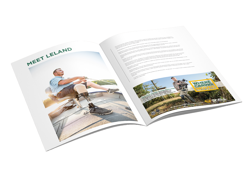 Patient-story and advertising layouts featuring Leland and the Where Caring Moves message