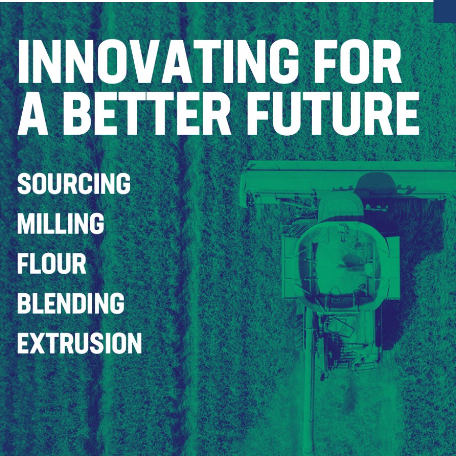 A closeup of the 2025 brochure cover: Innovating For A Better Future set over an aerial harvest photograph, with sourcing, milling, flour, blending and extrusion listed beneath