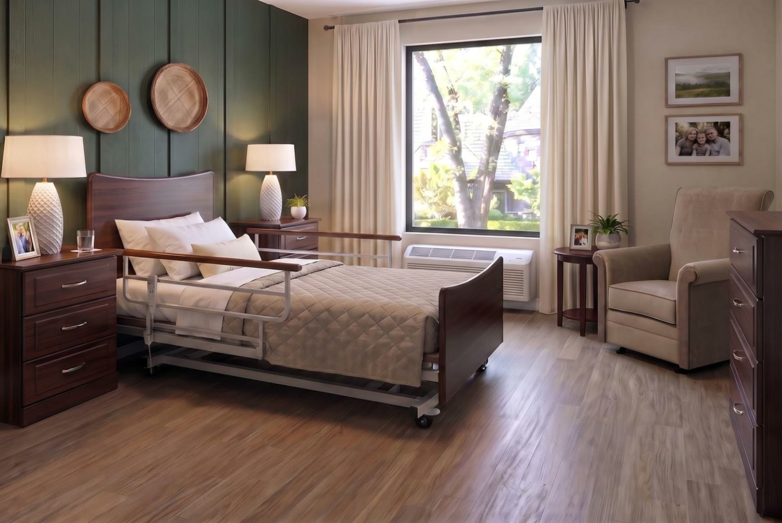 Akin senior living resident room with a wood-finish bed, matching chest and nightstands, and an upholstered lounge chair by the window